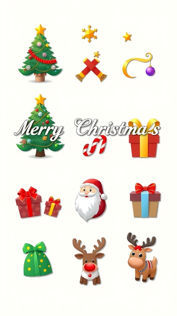 A collection of Merry Christmas icons including a Christmas tree, snowflake, Santa Claus, gift box, and reindeer.